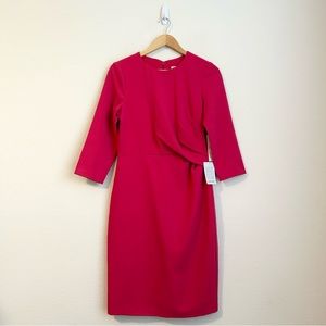 NWT Eliza J Pleated Sheath Midi Dress 3/4 Sleeve Hot Pink, Size 8